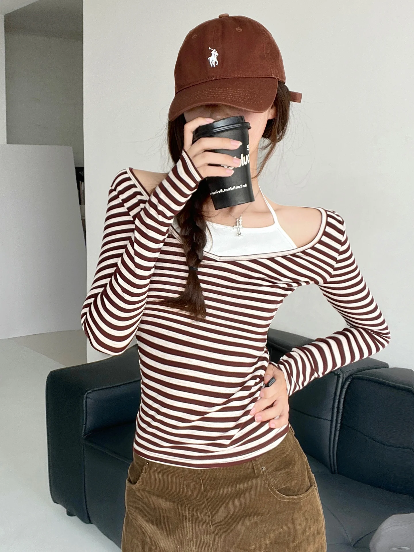 

Сексуальная полосатая футболка из двух частей, женская футболка Pure Desire Lobone с талией, топ из шелковой основы, повседневная длинная футболка...