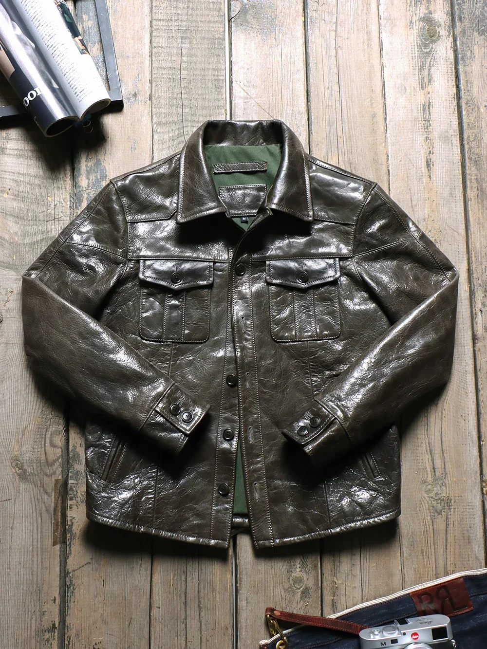 

Tailor Brando Full Grain Vegetable Tanned Goatskin Japanese Style Vintage Lapel Men's Genuine Leather Jacket