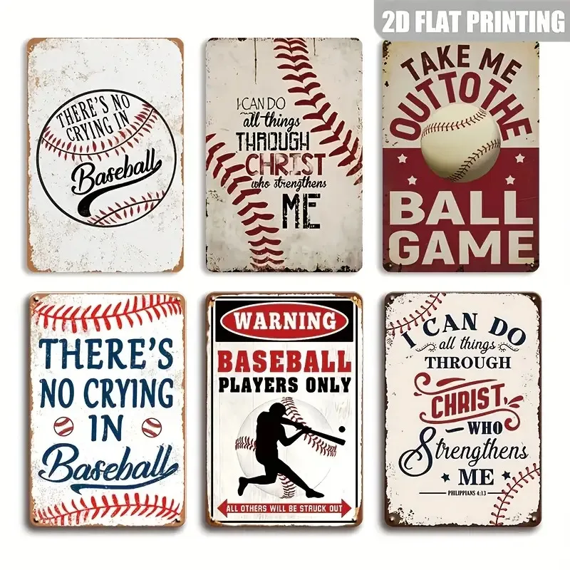 2D Flat, 2D Flat Style, 5pcs Vintage Baseball Logo Wall Decor Set, Metal Baseball Sports Signs, 