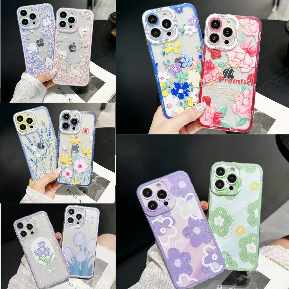 Flower Pattern Phone Case For Xiaomi Redmi Note 9 9S 5 8T 9T 6 7 8 Pro Max Camera Protection Soft TPU Transparent Cover