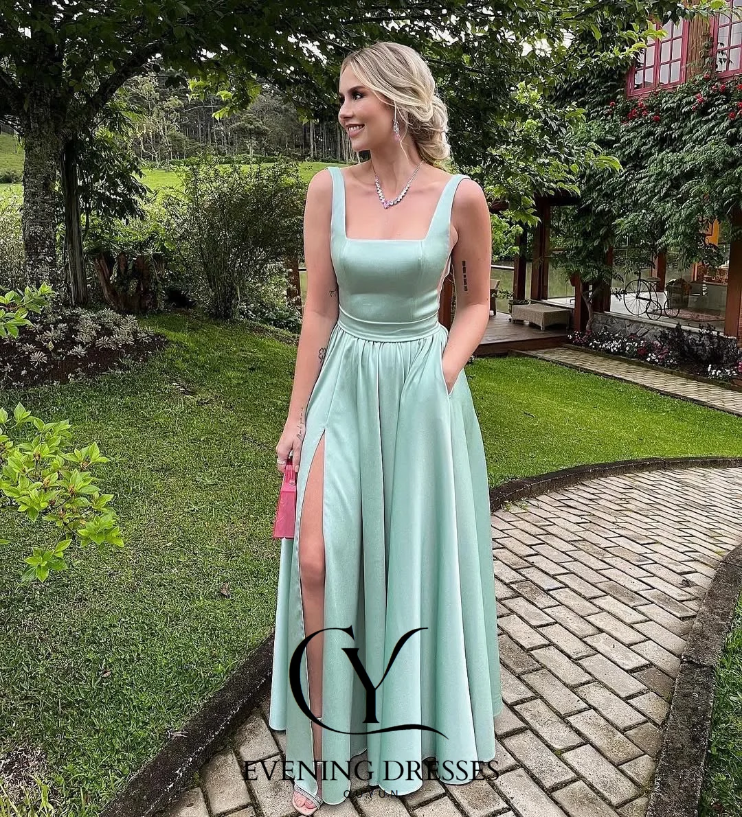 CUYUN vierkante kraag mouwloze zijhoge split galajurk satijnen avondjurken op maat gemaakte A-lijn feestjurk 2025