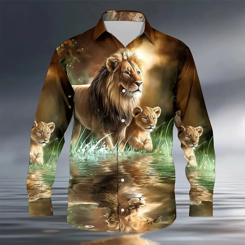 Męska koszula z nadrukiem 3D, motyw zwierzęcy, lew, natura, moda 2025, zapinana na guziki, codzienna koszula z długim rękawem, bluzka streetwear dla mężczyzn.