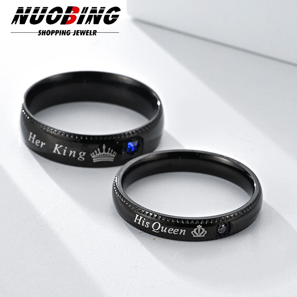 Fashion Her King His Queen Zircon Crown Rings 6mm 4mm Stainless Steel Couples Lovers Love Promise Jewelry Valentine's Day Gifts