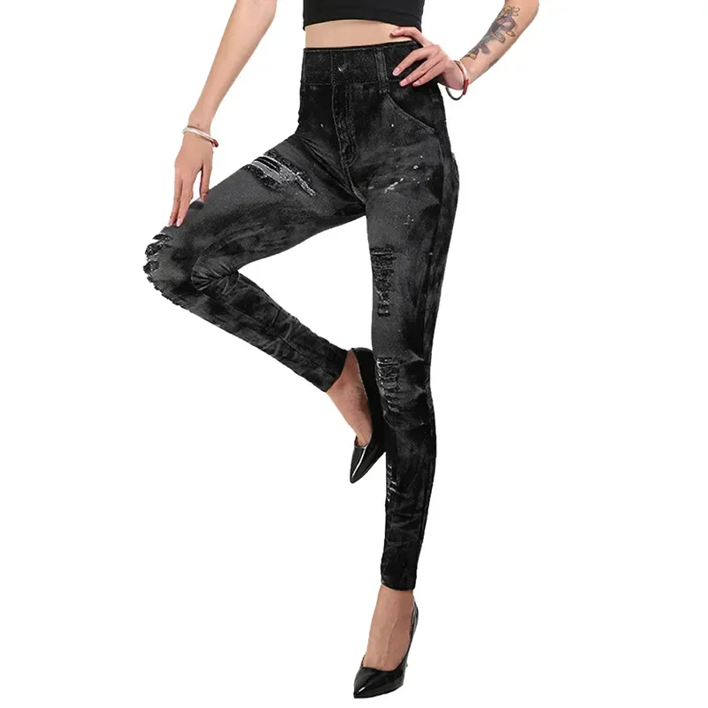 Women\'s High-Waist Imitation Jeans Stretch Leggings Slim Fit Push-Up Gym Streetwear Casual Fashion Ladies\' High Waist Leggings