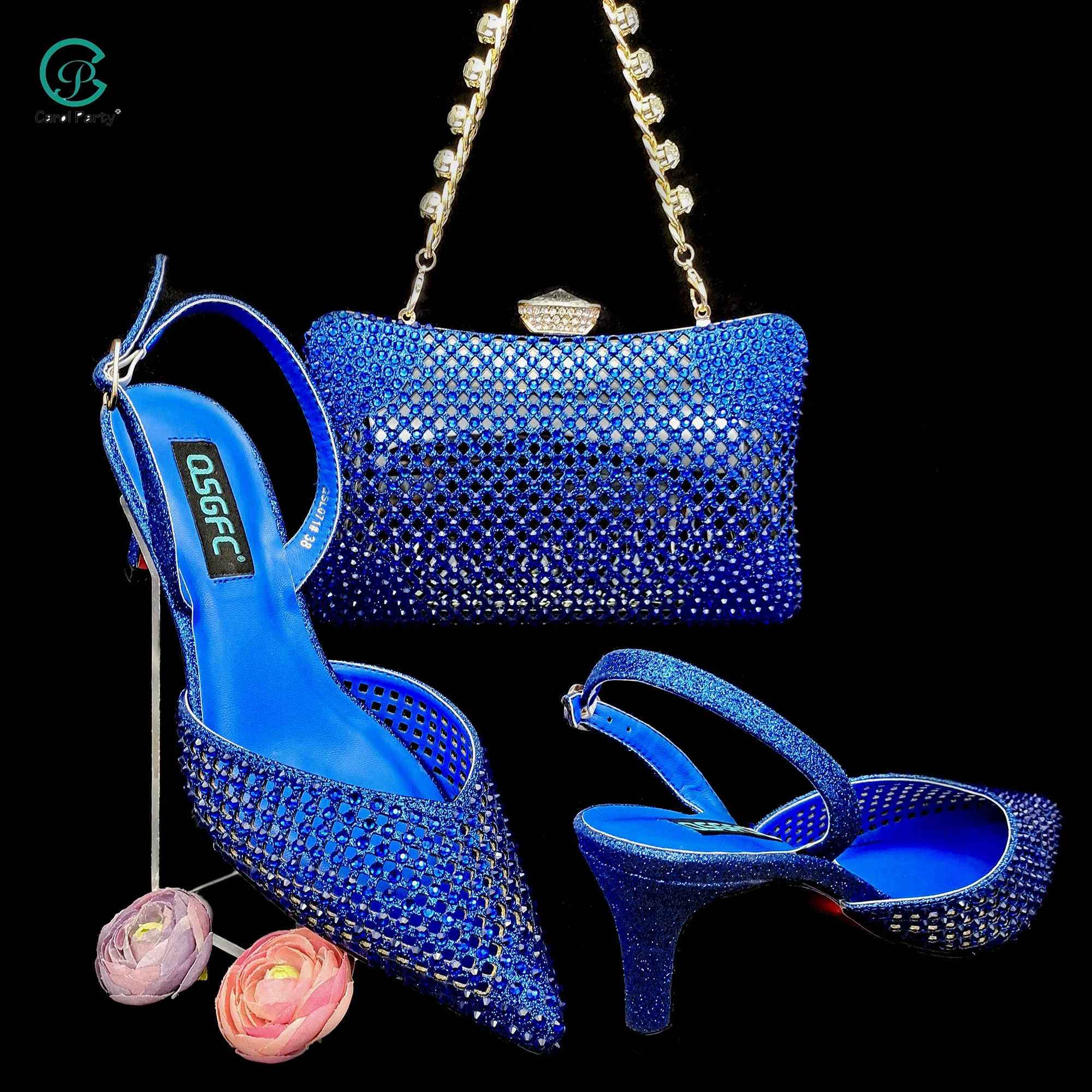 

QSGFC Blue Elegant Women's Party Dinner Shoes Wedding Sandals Bag Set Italian Design Crystal Pointed Hollow High Heels