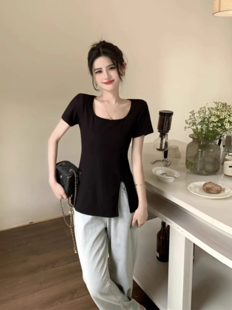 Cseta fena slim fit manga curta com decote em u, moda verão, fenda aberta, doce e picante, top pequ, estilo coreano...