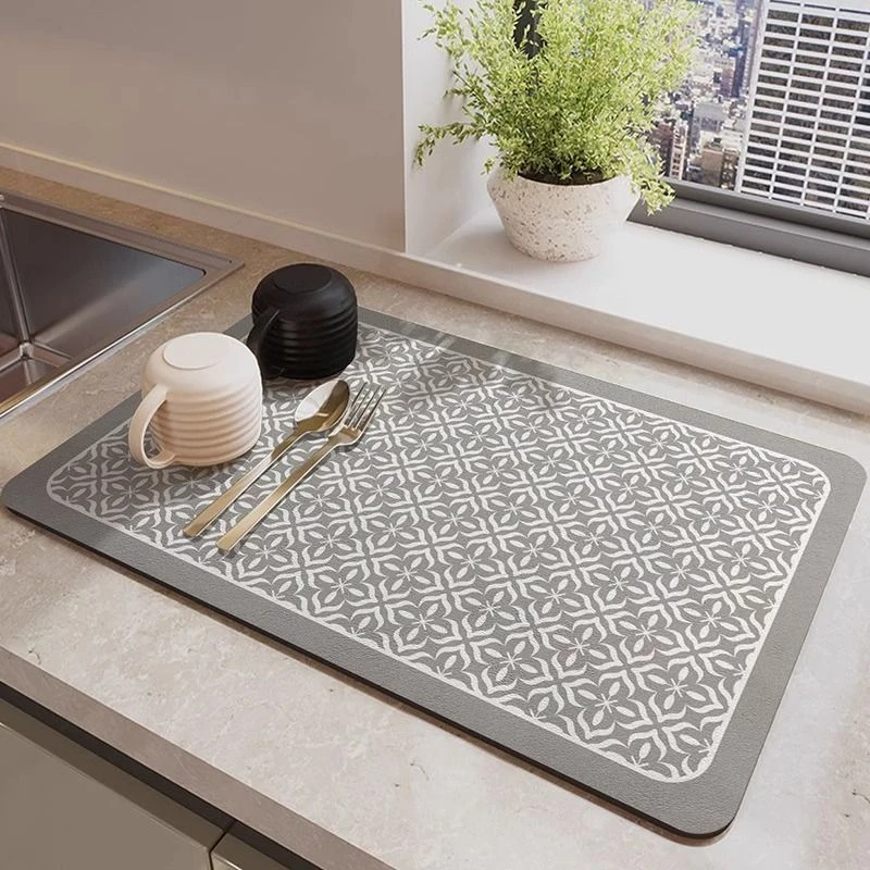 VIKAMA Kitchen Drain Mat Brown White Geometric Print Kitchen Counter Mat Highly Absorbent Fast Drying Anti Skid Flexible
