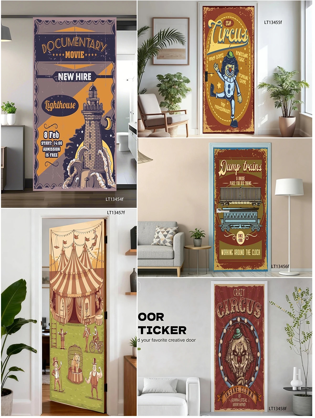 Peel Stick Vinyl Door Decal Retro Circus Tent Clown Lighthouse Train Mural Vintage Door Wrap Bar Cafe DIY Home Decor