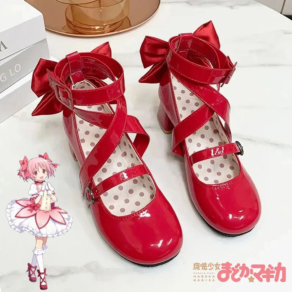 

Anime Puella Magi Kaname Cosplay Shoes Girls Lolita Red Bow High Heels Leather Boots Halloween Costume Prop