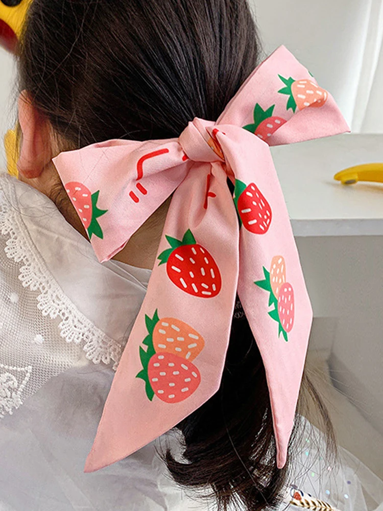 1 PC Sweet Strawberry Print Women Small Silk Scarf Handle Bag Ribbons Women Head Scarves Sharp Angle For Women