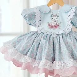 0-12Y Baby Girl Summer Pink Rabbit Embroidery Turkish Vintage Lolita Princess Ball Gown Dress for Birthday Holiday Casual Eid