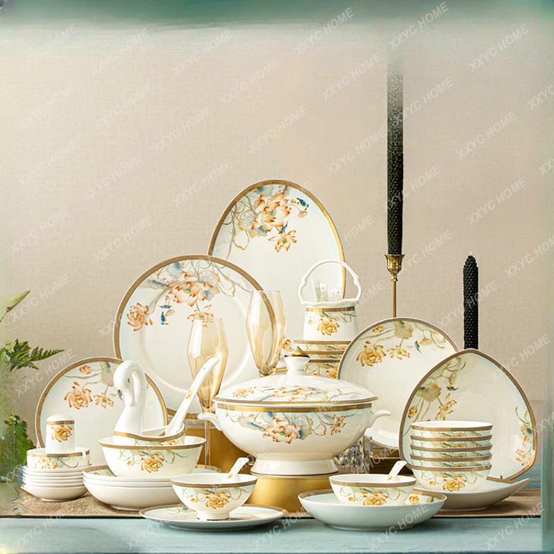 

Ceramic Bowl and Dish Set Household Chinese Tableware Plate Combination Light Luxury High-End Moving into the New House Bone