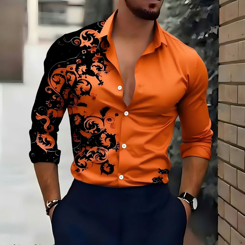 

Digital printed men's long sleeved lapel shirt, full open collar, casual and comfortable, fashionable and trendy, street outdoor