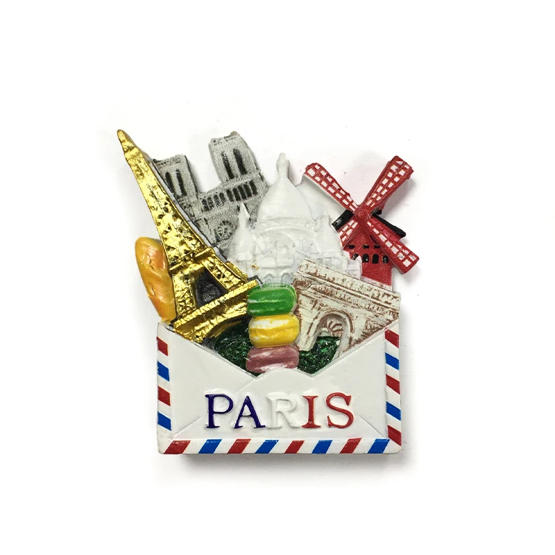 

Paris Themed - Includes Eiffel Tower, Notre Dame, Windmill, and Macarons - 3D Resin Magnet for Refrigerator