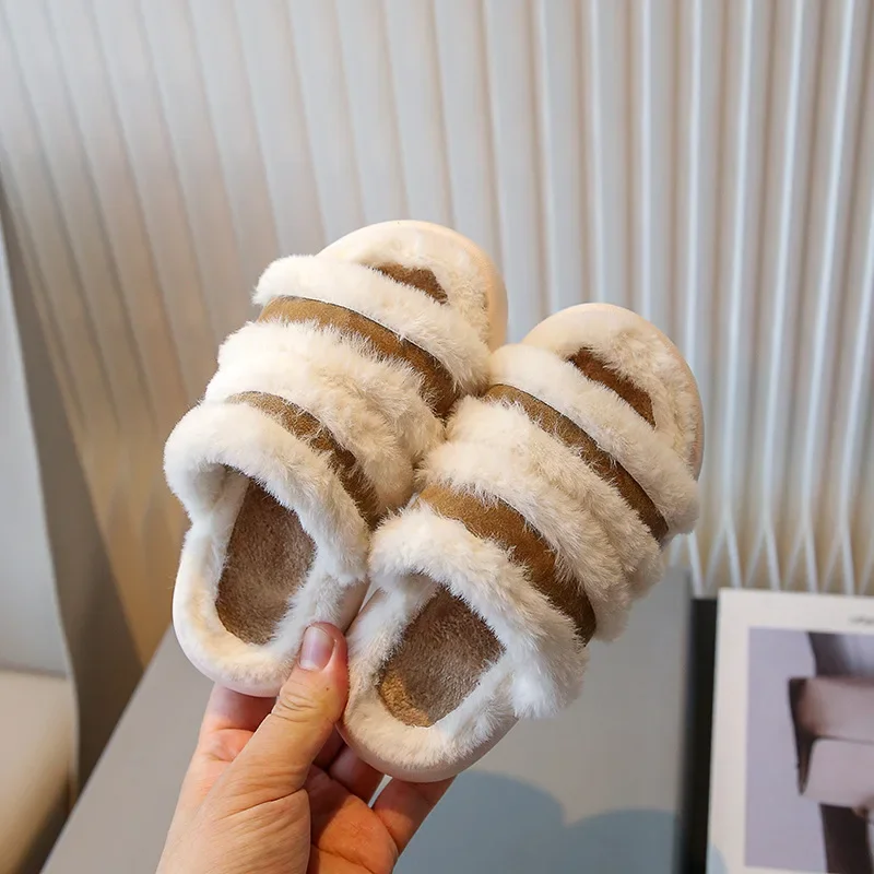 Children's Slippers Fur Open Toe Outdoor Kids Shoes Autumn Winter Fashion Soft Bottom Anti Slip Girls Shoes Plush Flat Slippers