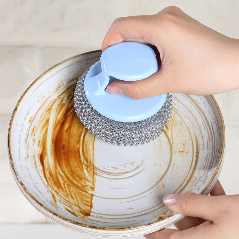 Detachable Stainless Steel Cleaning Ball Washable Handle Steel Wire Cleaning Brush Multipurpose Kitchen Wash Pot Dish Bowl Brush