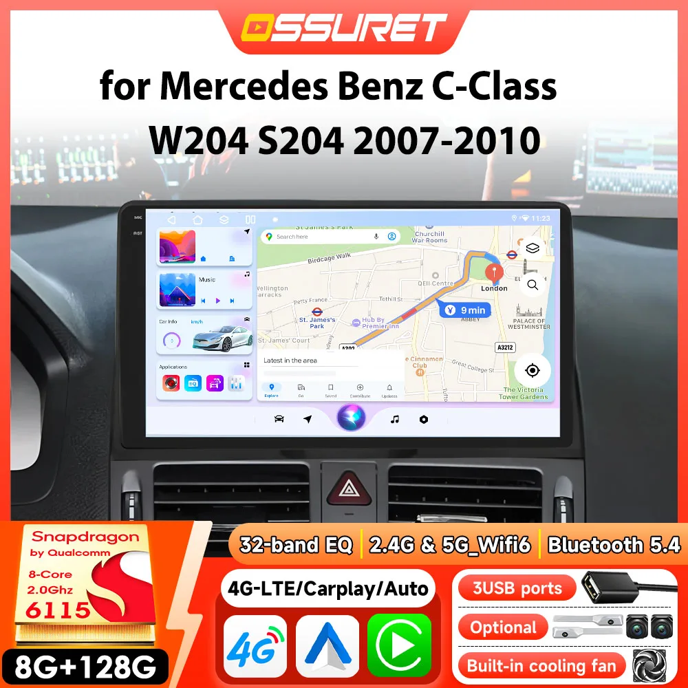 Autoradio Multimedia Video Player für Mercedes Benz C Klasse W204 S204 2007–2010 GPS Carplay Android Auto 4G von Snapdragon 6115