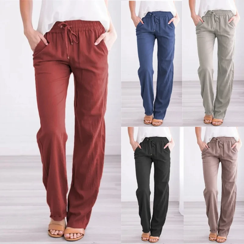 2024 Spring New Spring And Summer Women's Cotton Linen Drawstring Loose Wide-Leg  Pocket Pants Hot Sale Long Trousers