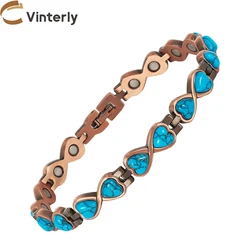 Vinterly Pure Copper Bracelets Women Magnetic Therapy 22cm Vintage Artificial Turquoise Benefits Heart Jewelry Blue Stone Magnet