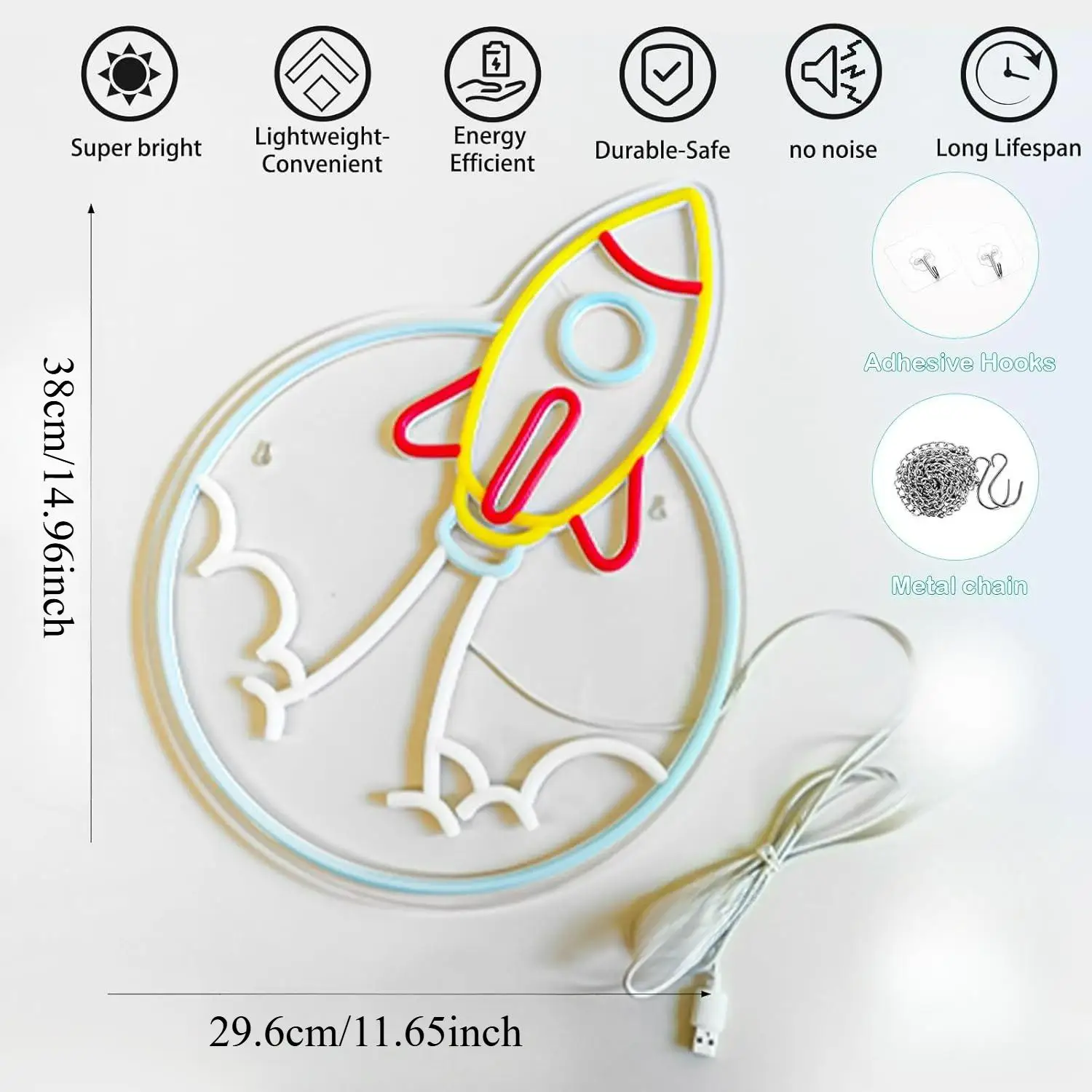 Rocket Neon Sign for Wall Decor LED Dimmable Space Neon Light for Boys Room Game Room Bedroom Astronaut Rocket Ship Wall Lamp