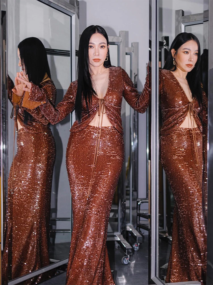 Ensemble deux pièces Sexy pour femmes, paillettes marron, manches longues, col en v, haut et jupe évasée, robe d'été, robe de soirée formelle, 2025