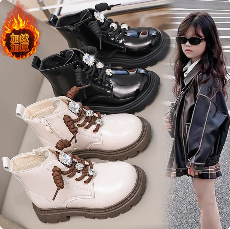 Kids Snow Boots Fashion Patent Leather Girls Sport Shoes Zipper Ankle Short Boots New Kids Soft Non Slip Fashion Platform Boots