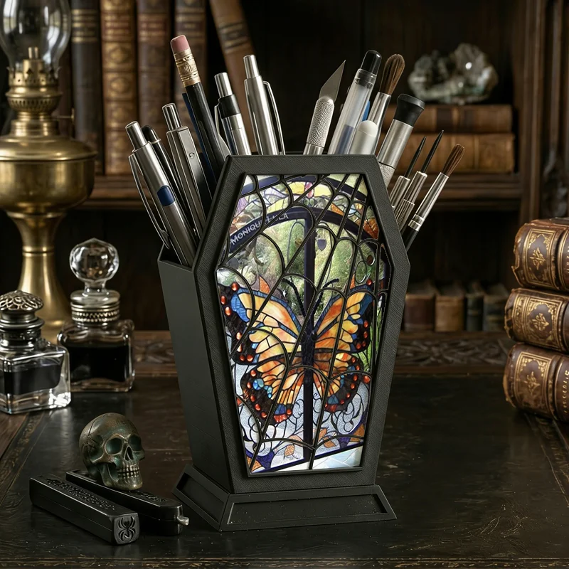 Vintage Stained Glass Winged Butterfly Coffin Pencil Cup Gothic Spiderweb Dark Academia Desk Caddy Witchcraft Table Decor Gift