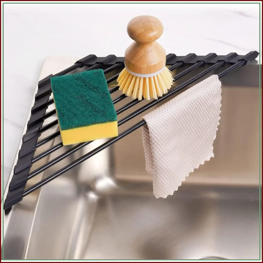 Triangular Roll-Up Dish Drying Rack with Silicone Coating Stainless Steel Frame, Space-Saving Kitchen Sink Organizer, Black