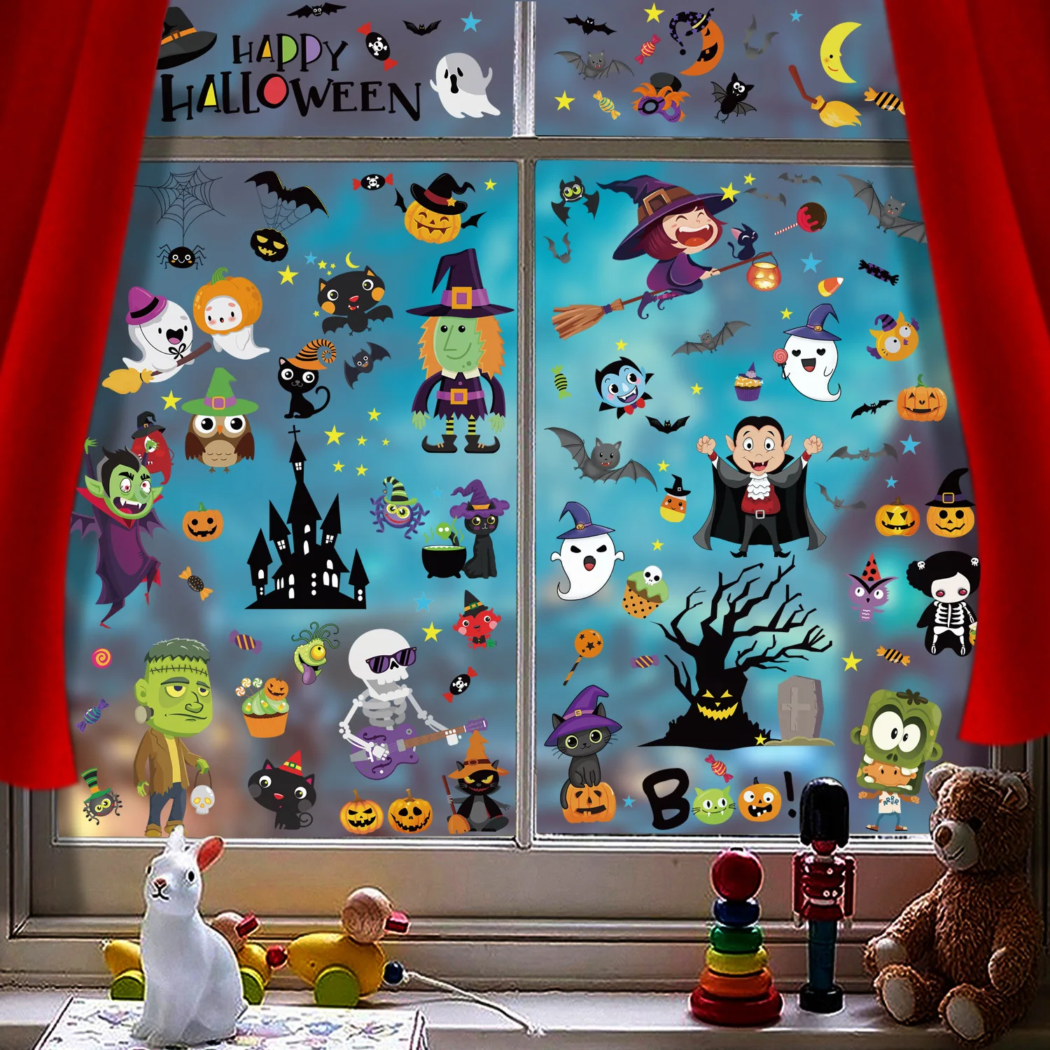 

Halloween Window Wall Stickers Party Decorations Haunted House Handprints Pumpkin Bat Static Glass Stickers