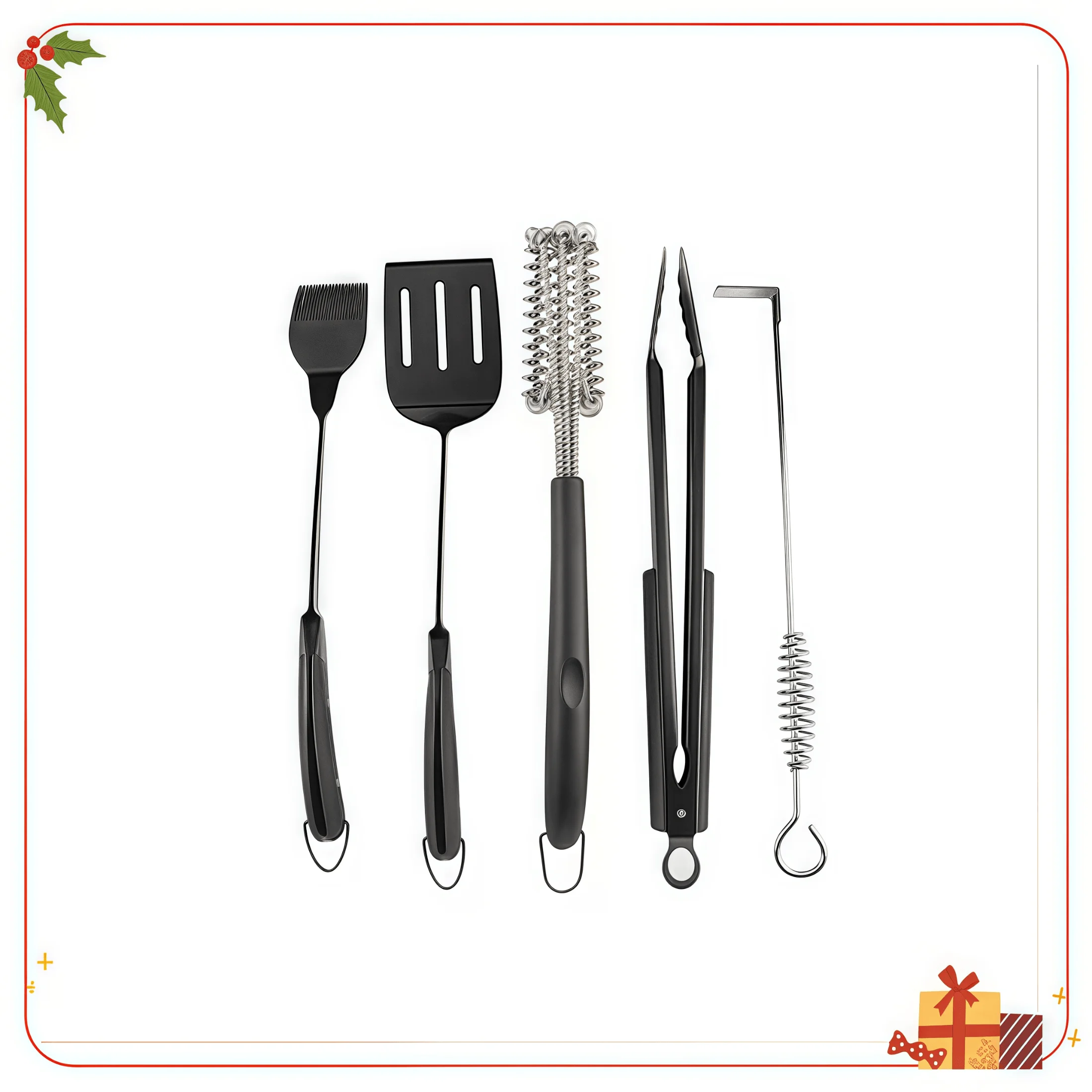 

5-Piece Silicone Grill Tool Set with Ergonomic Handles, Includes Spatula, Tongs, Basting Brush & Cleaners, Heat Resistant