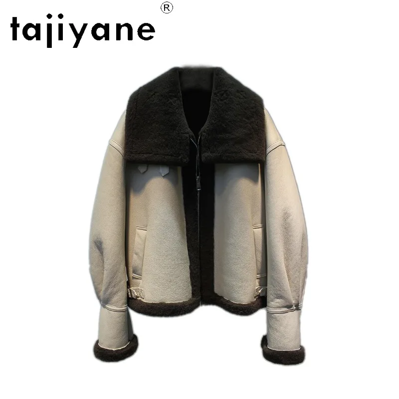 TAJIYANE High Quality Sheep Fur Shearling Jacket Thick Overcoat Warm Biker Real Fur Coat Women Winter Loose Outerwear Chic Шуба