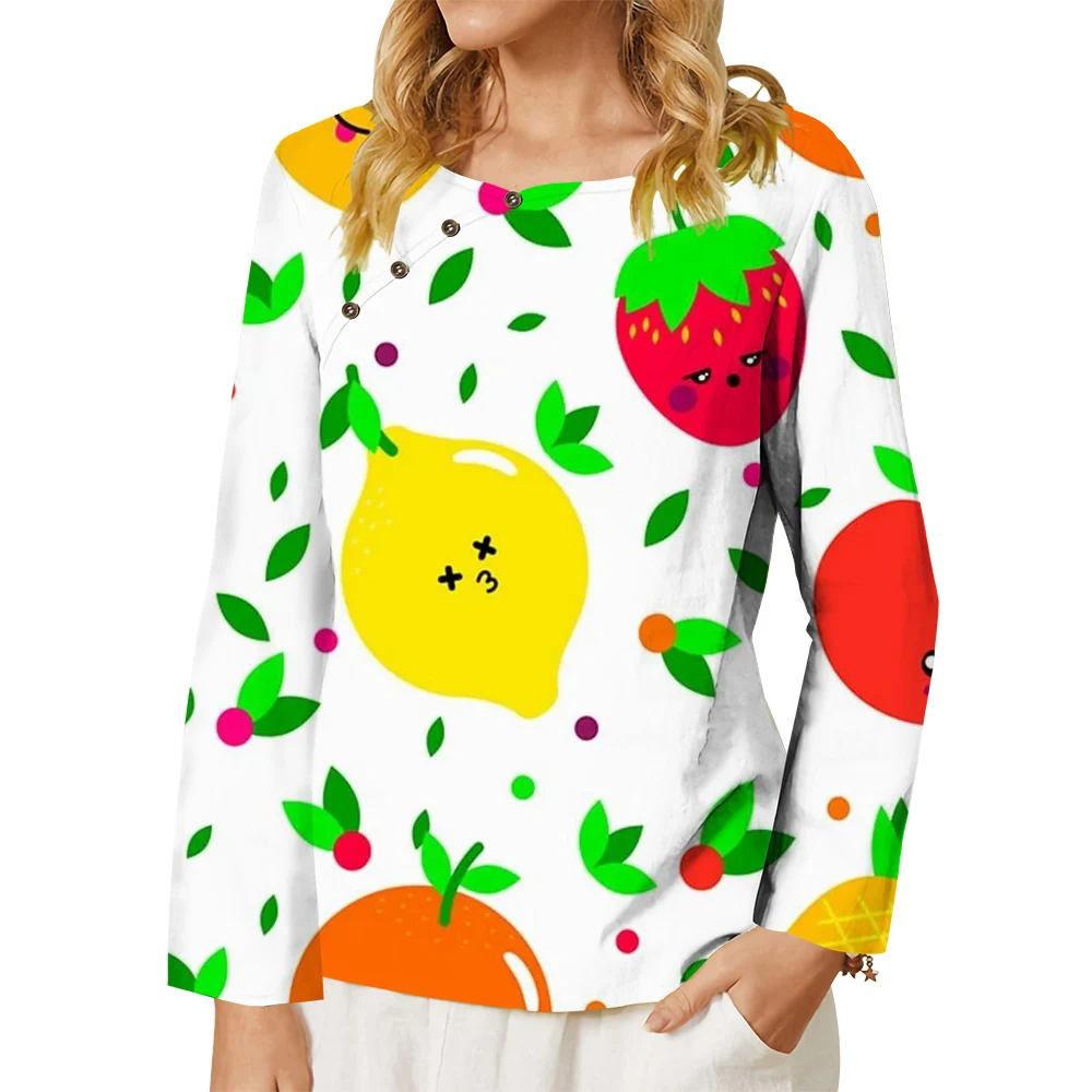 

CLOOCL Women T-shirt Delicious Summer Fruit Pattern 3D Printed Button Decorate Long Sleeve Tee Oversized T-shirt Kawaii Tops