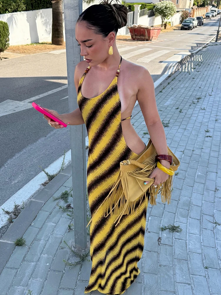 Weird Puss Sexy rückenfreies Kleid mit Kreuzmuster, Damenmode, gestreift, mit Perlenbesatz, ärmellos, heiß, für Strand, Urlaub, Party, figurbetont – Detail 16