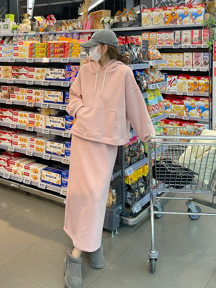 

Faionable Fce Lined Sweatirt And Skirt Set for Women Spring New Arrival Single Wear Inner Match Both Sides Cotton Blend