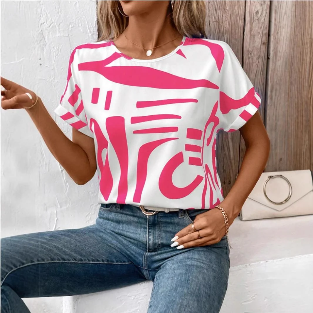 Mujer Estampado geométrico irt Ele Sle Loose Fit Poliéster ort Sve Casual Top Faionable Ropa de verano