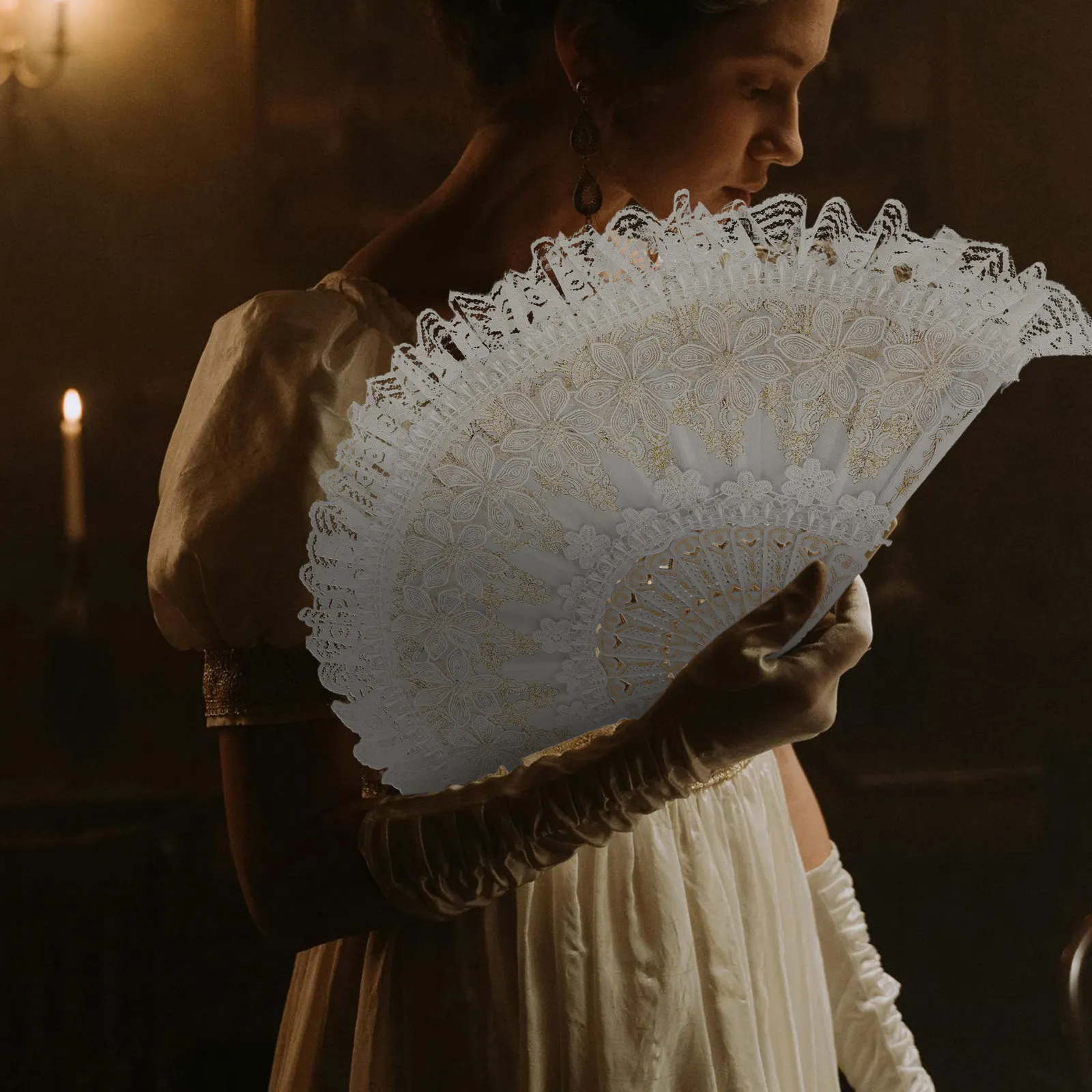 Vintage-Inspired Lace Folding Hand Fan White Floral Embroidered Design for Wedding Tea Party Bride Dance Recital Decorative