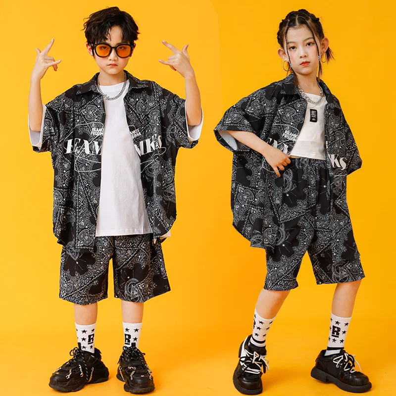 Kids Kpop Hip Hop Clothing Geometry Print Shirt Tops Streetwear Shorts For Girl Boy Jazz Dance Costume Stage Wear  Clothes