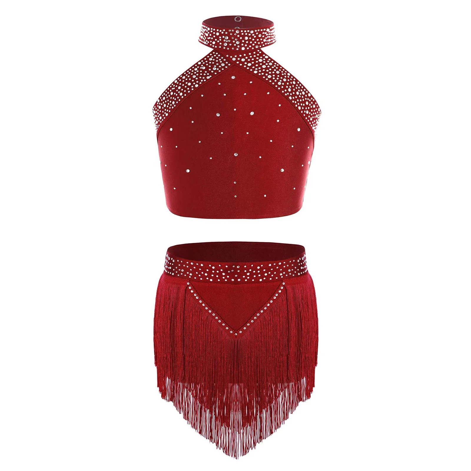 Roupa de dança de patinação artística infantil, gola halter, sem mangas, costas cruzadas, strass brilhantes com borla, shorts, roupa de dança