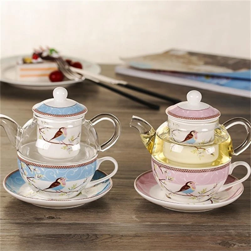AT21- Flower Teapot Flower Bird Cup Saucer Heat-Resistant Glass Pot Set Coffee Cup Afternoon Tea Tea Set
