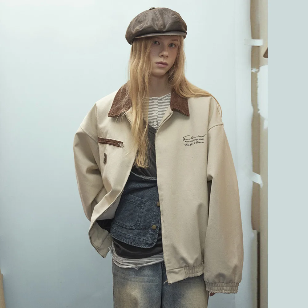 

Men Women American Vintage Loose Casual Spring Autumn Work Jacket Couples Lapel Cargo Jacket Coat