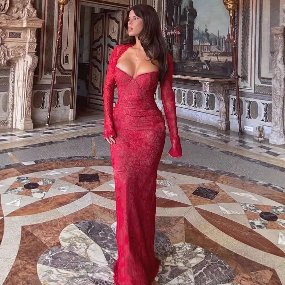 

Элегантное длинное платье с открытыми плечами и открытой спиной, шаль с длинными рукавами, женские туники с высокой талией, облегающие кружевные вечерние платья