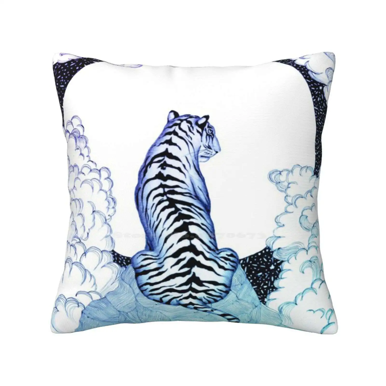 Ombre Tiger Moon Soft Comfortable Pillowcase Fantasy Starry Night Animal Art Pen Art Wildlife Ecmazurart Ecmazur Art Pen And