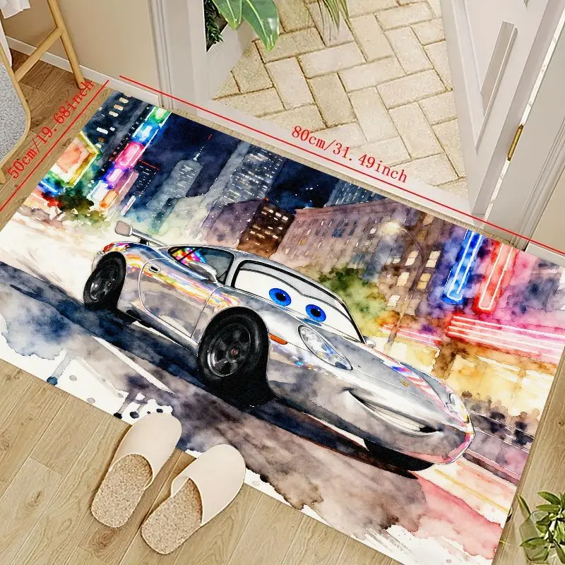 

1PC Cute Silver Racing Car Cartoon Floor Mat, Watercolor City Night Scene Area Rug for Kids Room Boys & Girls Bedroom Living Roo