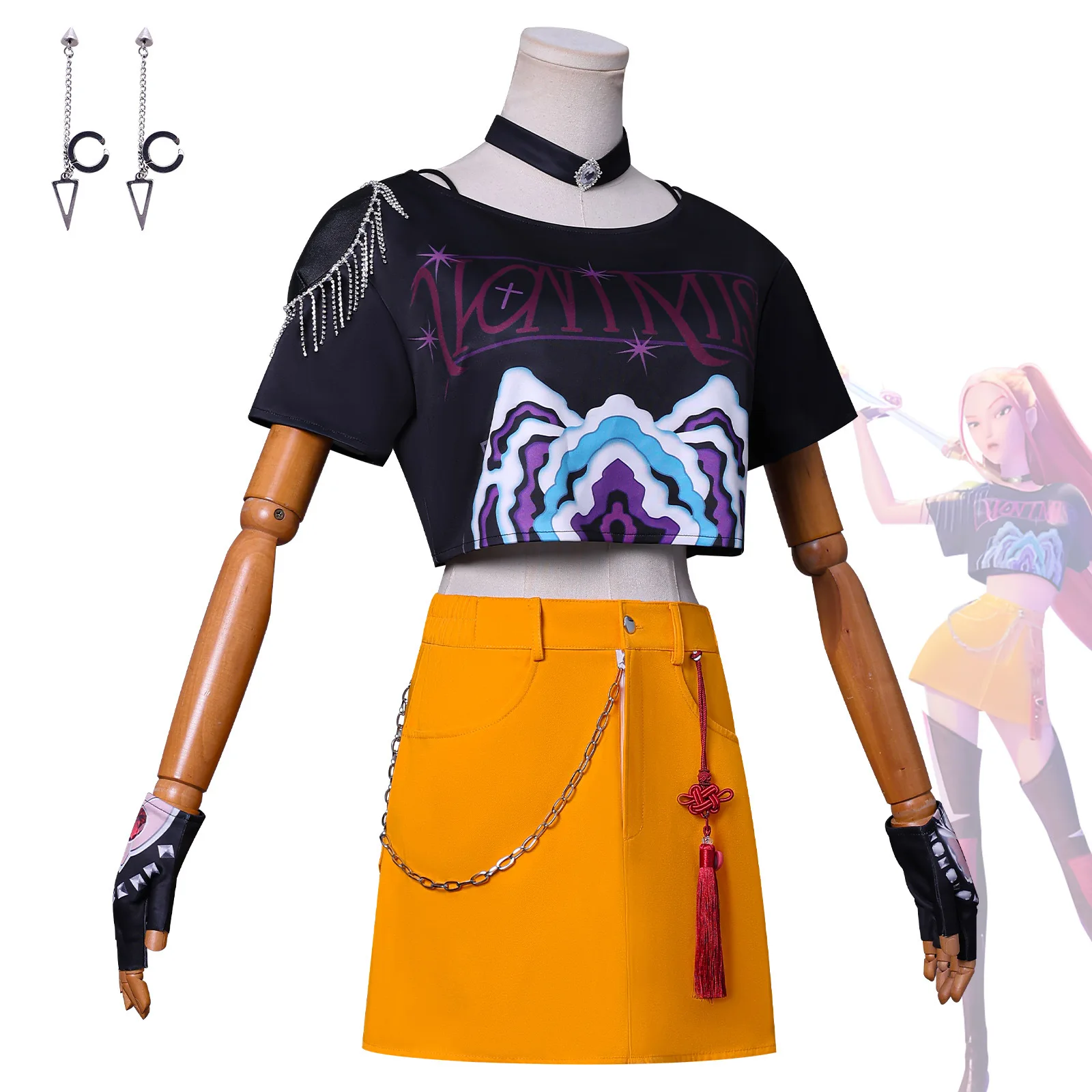 شيطان الصيادين ميرا تأثيري حلي شعر مستعار K-Pop ميرا تأثيري مثير موحدة فتاة مجموعة دعوى النساء السراويل العليا تنورة المرحلة الملابس مجموعة