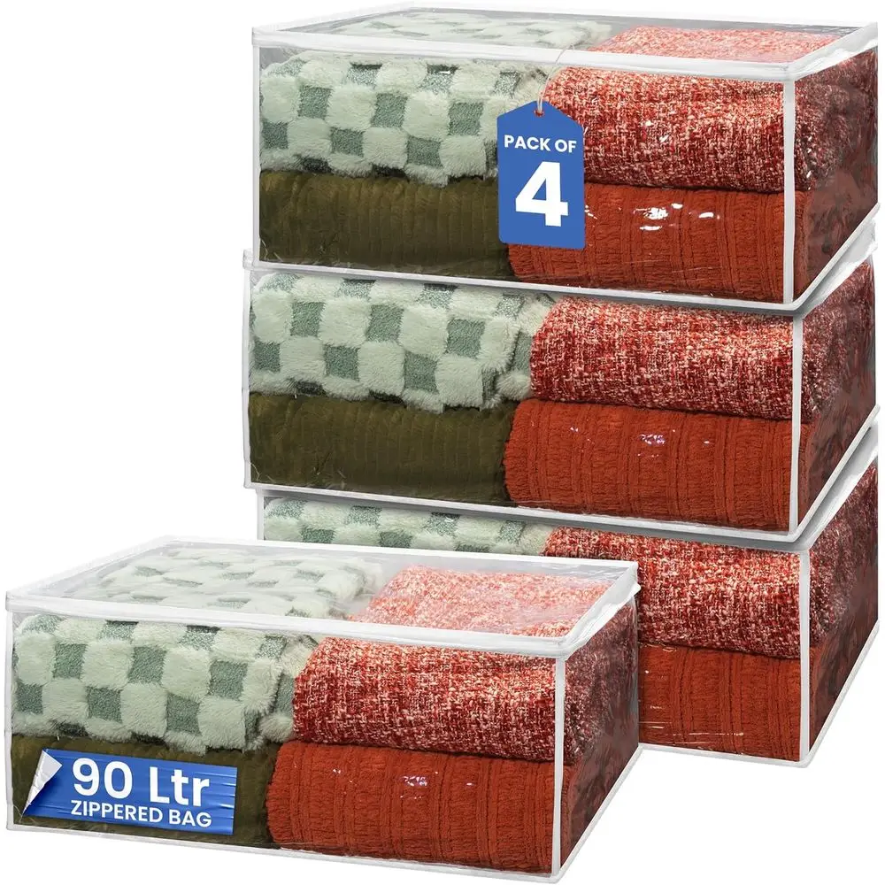 4-Pack 90L Clear Zippered Storage Bags for Quilts, Bedding, and Clothes Protection