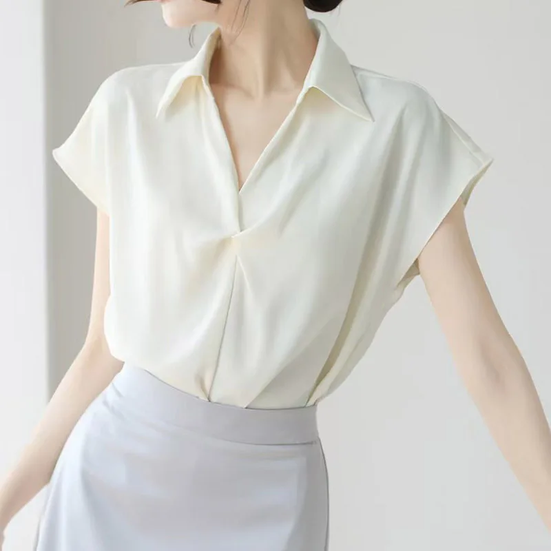 

Летняя элегантная женская блузка с перекрестной передней частью, новинка 2023 года, с коротким рукавом и v-образным вырезом, корейская повседневная свободная рабочая одежда, офисные женские рубашки
