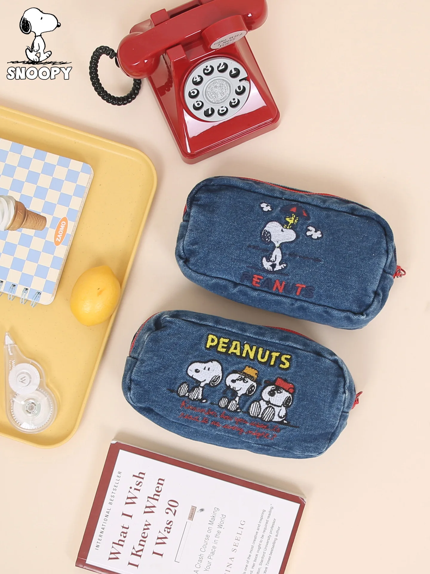 Authentic Snoopy Pen Bag Student Wash Denim Large Capacity Savings Stationery Bag Children\'s Cartoon Snoopy Embroidery Pen Bag