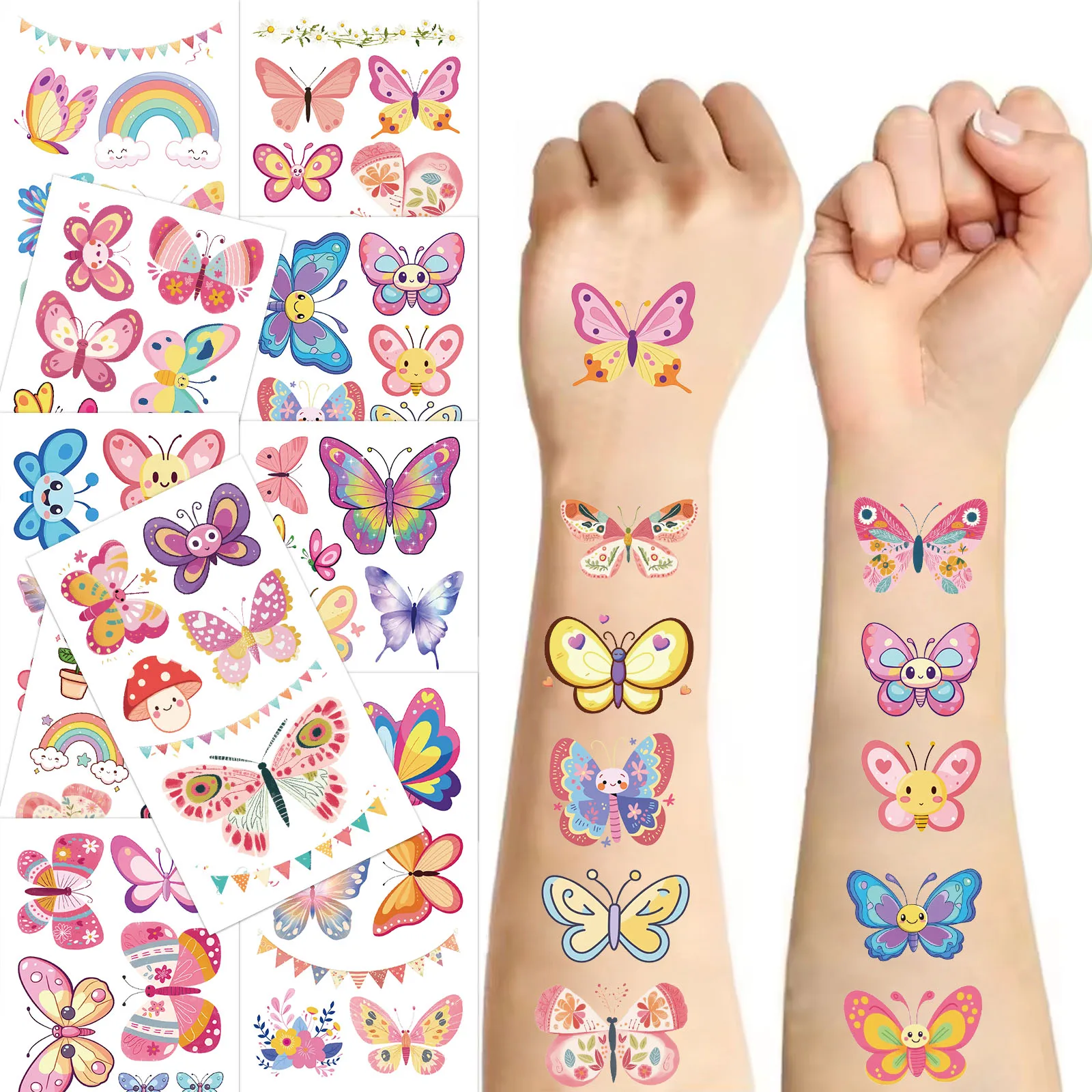 10PCS Sparkling Pink Butterfly Tattoo Sticks Exquisite Color Fake Tattoos Personalized Retro Tattoos Premium Sense Waterproof