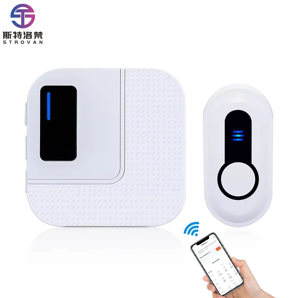 

Беспроводной умный дверной звонок с подсветкой и пультом ДУ, на батарейках ААА, бело-синий, модель TY01+DB19