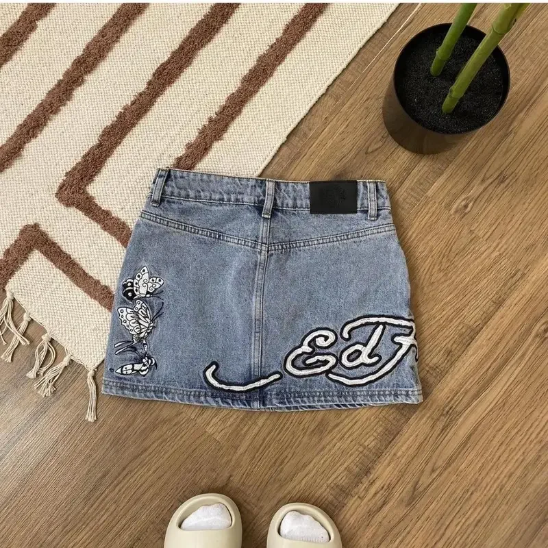 Streetwear skirt Y2K womens hip hop Gothic letter print vintage blue denim skirt girl fashion high waist slim mini short skirt